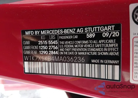 2021 Mercedes-Benz Amg Gt 43 4-Door Coupe z USA, uszkodzony, nr VIN W1K7X5KB4MA036236